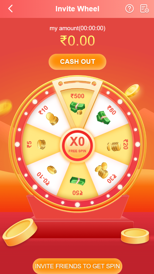 Invite Wheel screen of the Daman Game app showing a spin wheel, an amount counter and a cash out button